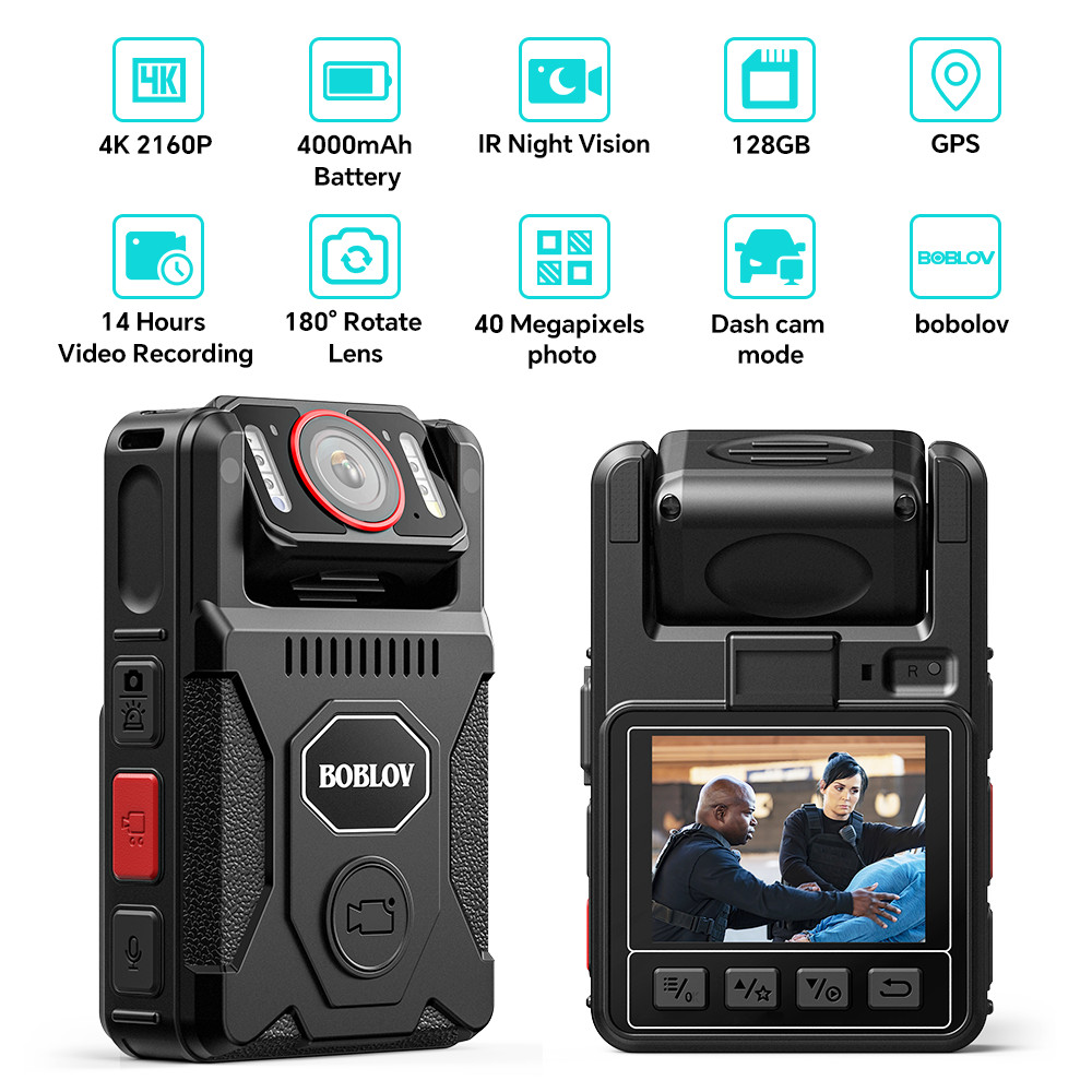BOBLOV M7Pro 4K GPS Body Worn Camera 128GB Body Mounted Camera with Night Vision