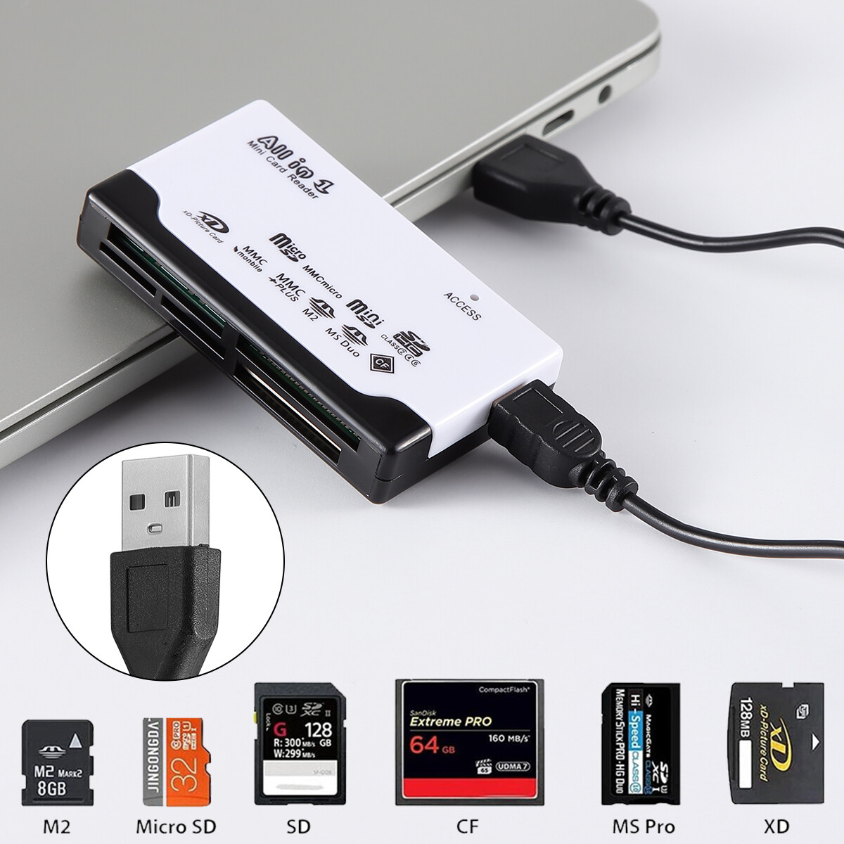 6 in 1 Memory Card Reader USB2.0 Hub Adapter for CF/TF/SD/Micro SD/XD/M2/MS Card