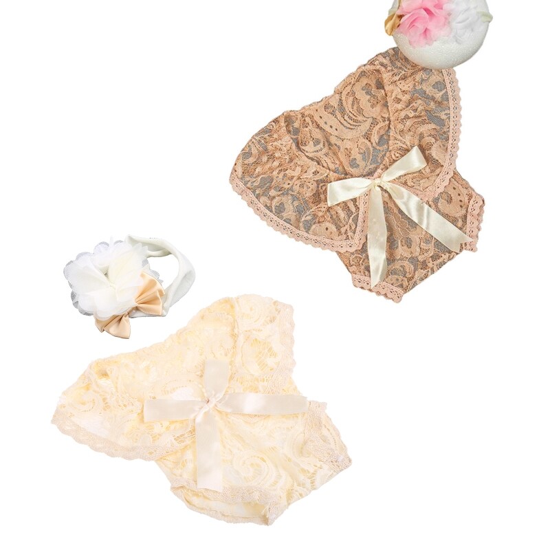 2 Pcs 0-1 Month Newborn Photography Props Baby Headband Bows Lace Romper
