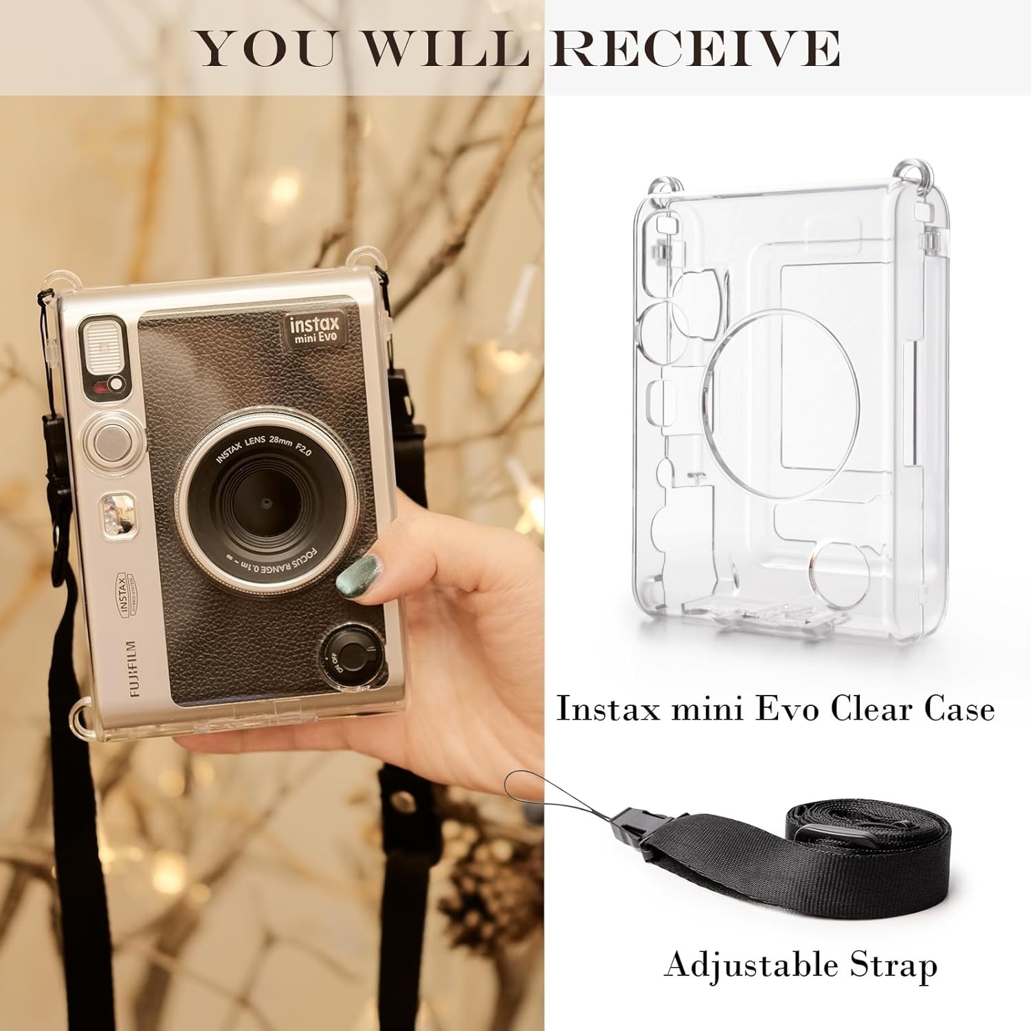 Funda Transparente Instax Mini Evo Case Rigido Con Correa Hombro Proteccion Plus