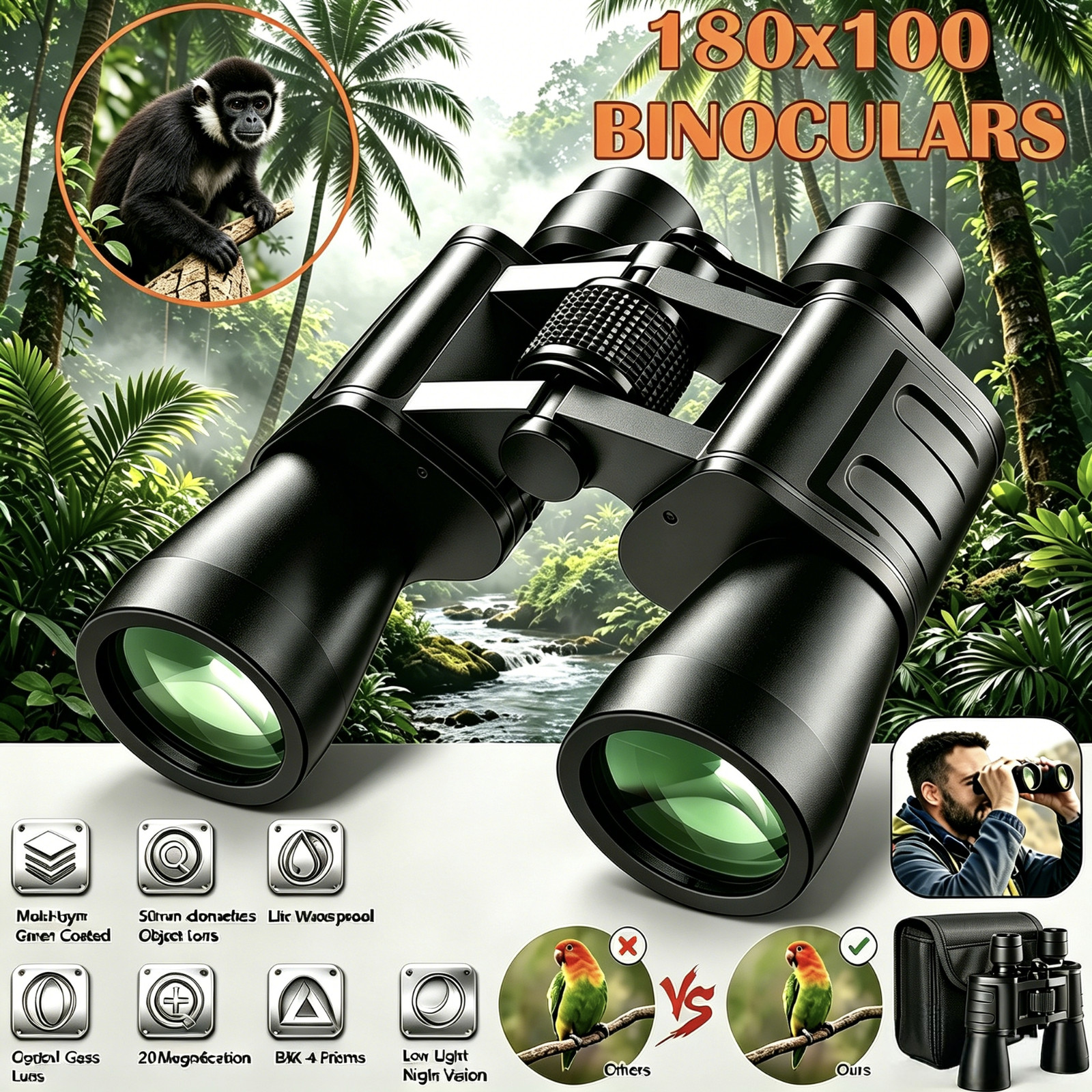 180×100 HD Military Zoom Powerful Binoculars Day/Low Night Optics Hunting & Case
