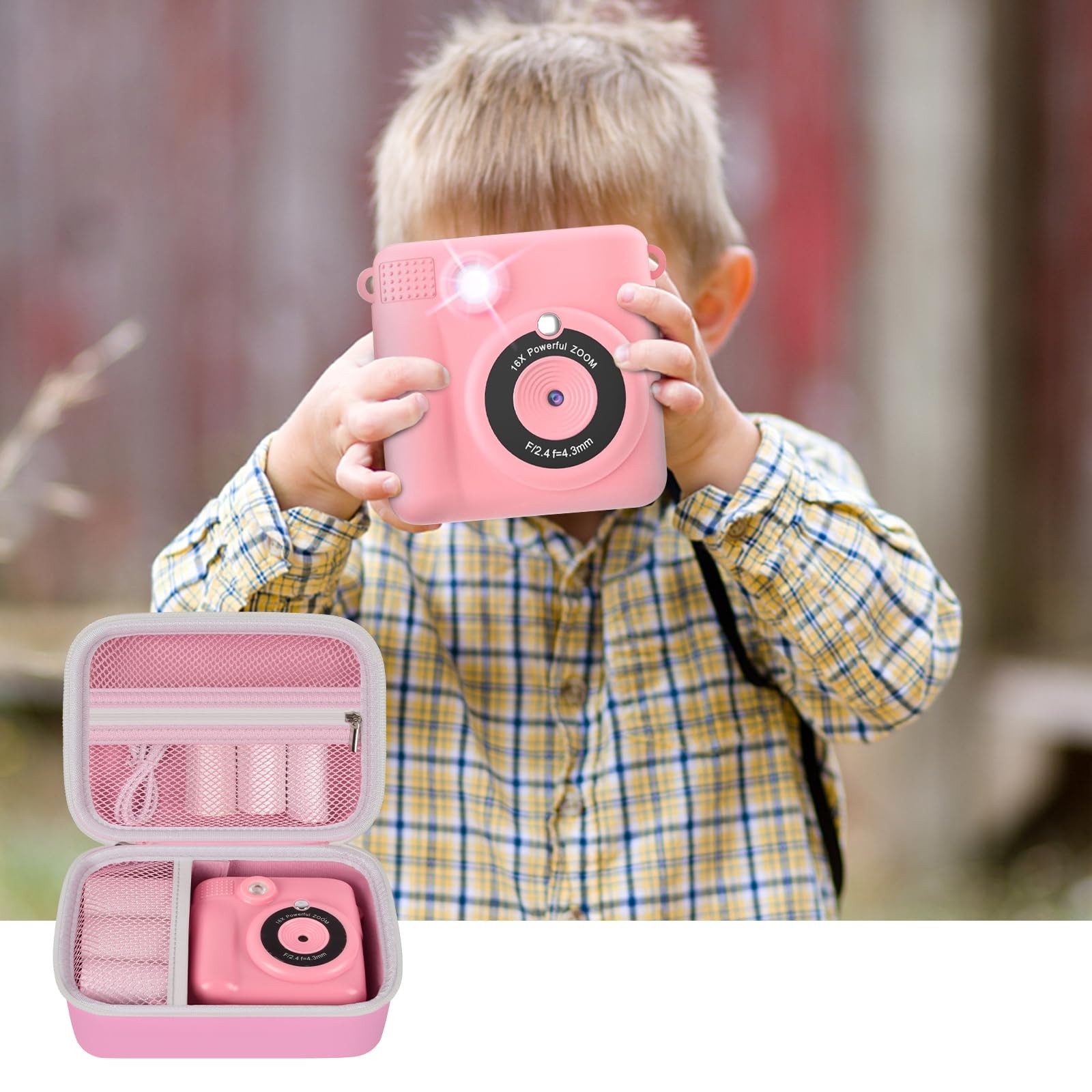 Kids Camera Case Compatible with 6.29 X 4.52 X 1.96 Inches, Lighting pink