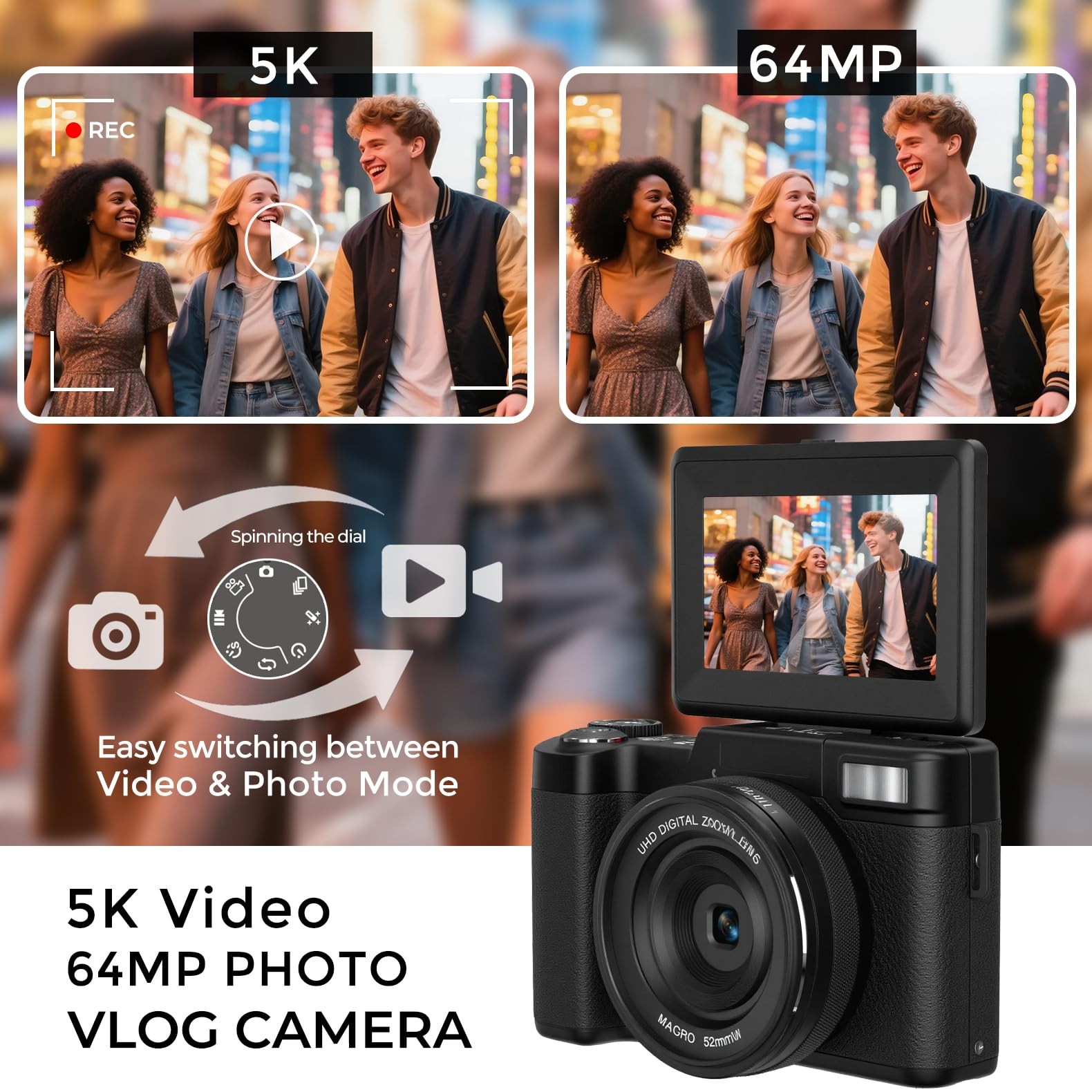 5K Vlogging Camera with WiFi 64MP 4K Digital Camera for Photography Vlog Came…
