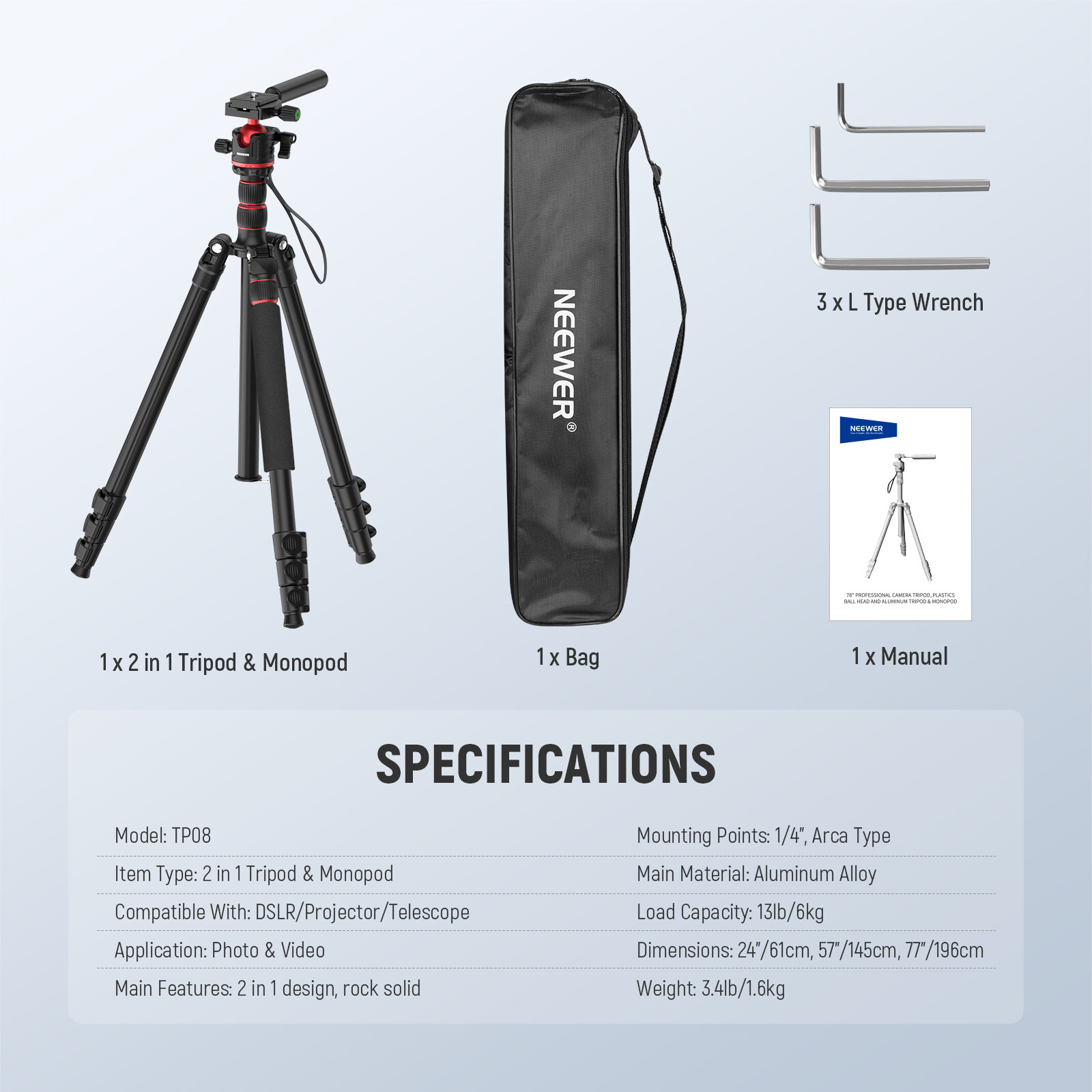 NEEWER 77″/196 cm Camera Tripod Monopod Travel DSLR Video Stand 360° Ball Head