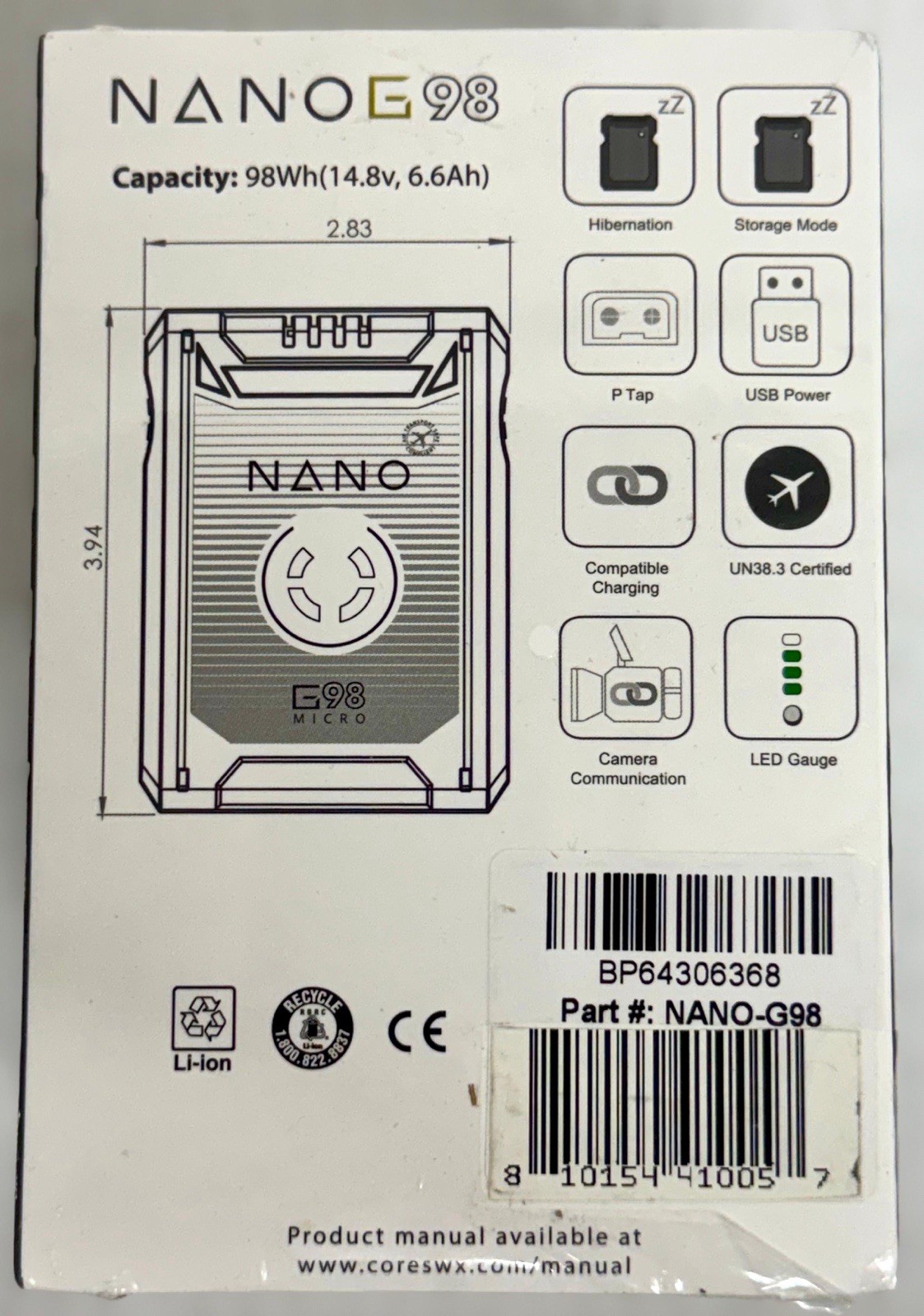 Core SWX NANO G98 98Wh 14.8V 6600mAh Gold Mount Battery D-Tap USB LED