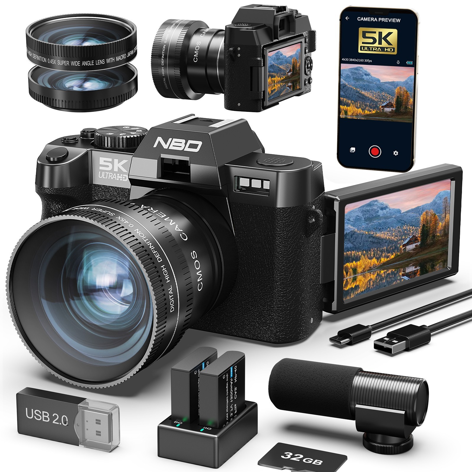 NBD Digital Camera 5K 48MP 16X Autofocus Wide Angle + Macro Lens 32GB TF