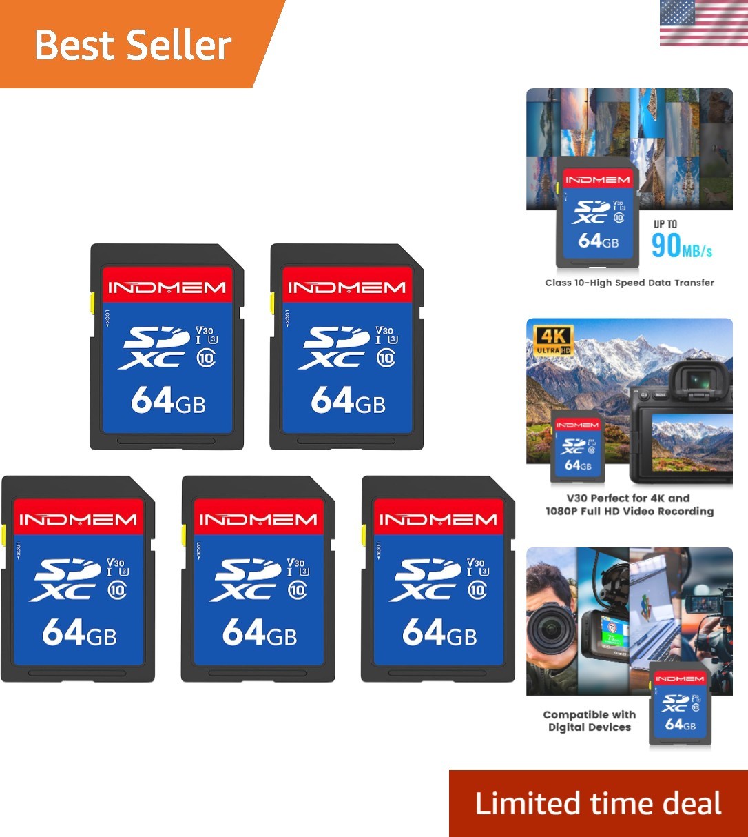 64GB 5 Pack SD Card, C10, U3, V30, High Speed up to 90M/S SDXC UHS-I Memory C…