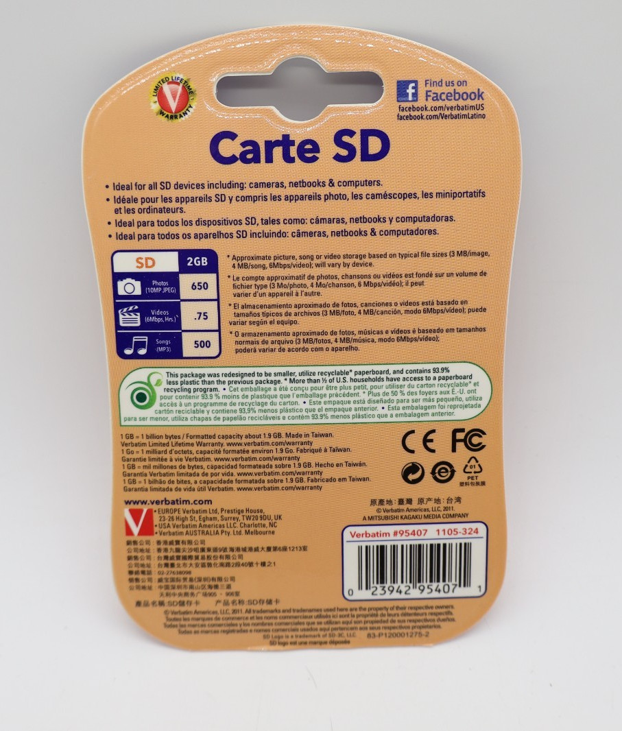 Verbatim 2 GB SD Memory Card #95407 | for DSLR Camera | NEW Sealed | Free Ship!