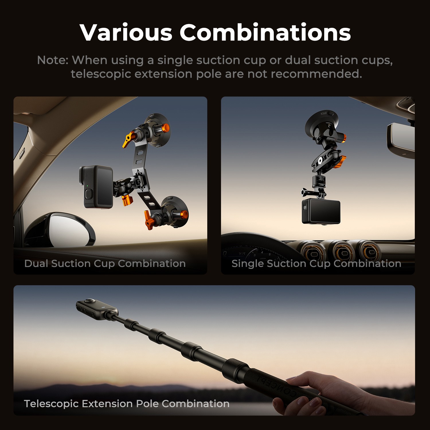 K&F Concept Car Mount for Camera Suction Cup Mount Kit for GoPro Insta360 DJI