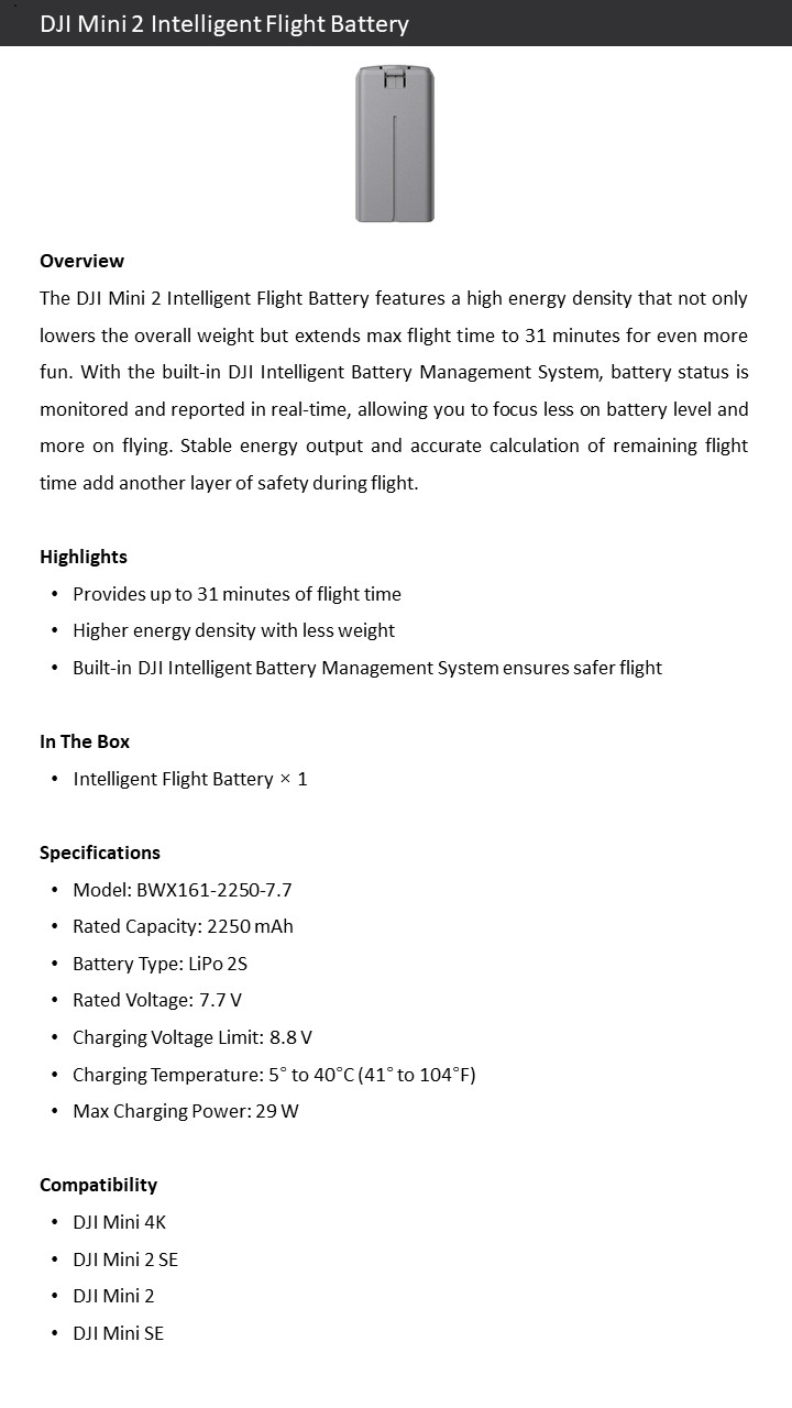 DJI Battery for Mini 2/SE/4K/2 SE High Capacity Long Lasting Flight Power IN US