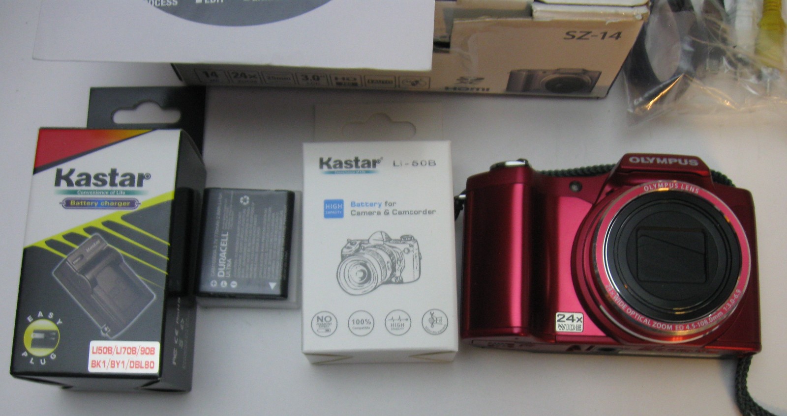 OLYMPUS SZ-14 Digital Camera Red Zoom24X Batteries&Charger W/Memory Card W/Case
