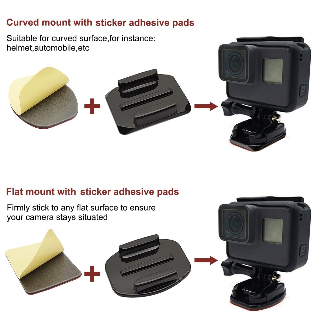 Action Camera Mounts 10 Pcs Flat Curved Adhesive Sticky Pads for Helmet