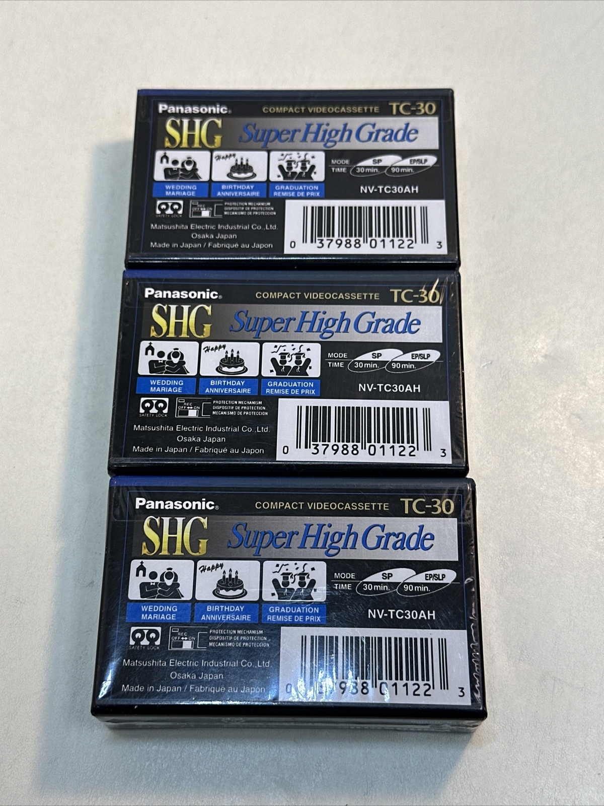 3 NEW Sealed Panasonic VHS C-TC-30 Super High Grade-90 Minute Camcorder Tapes