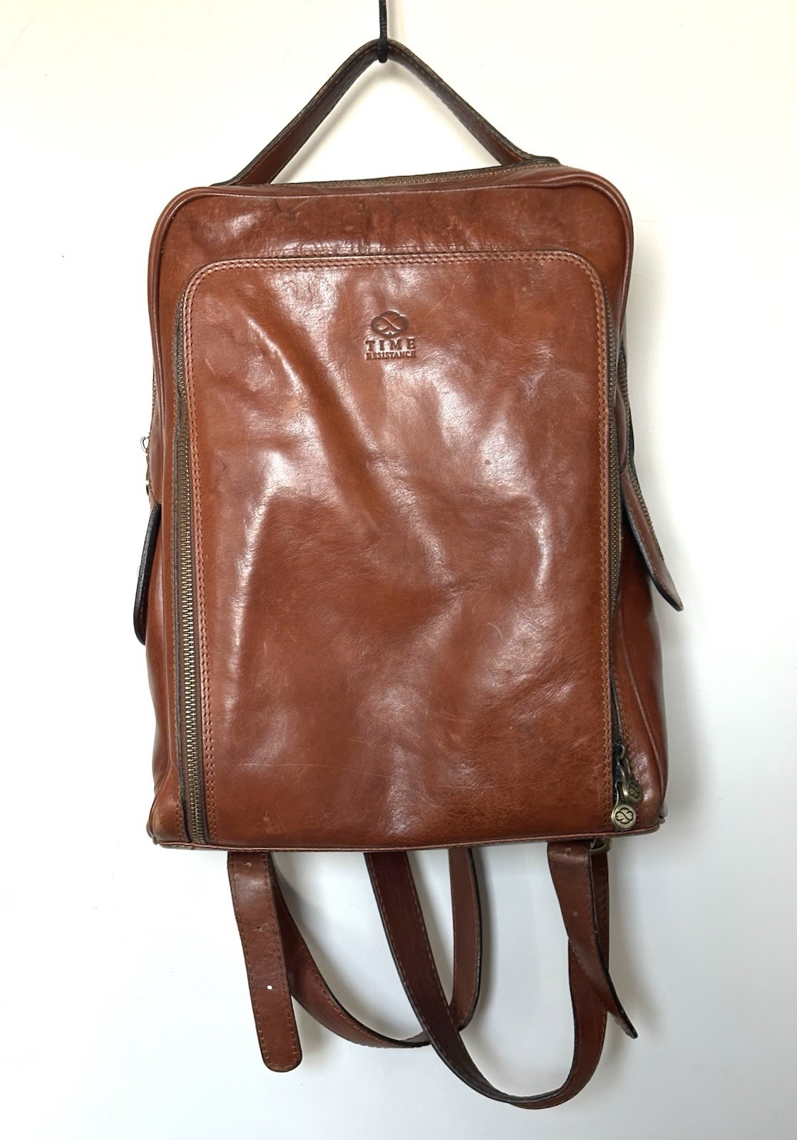 Vintage Time Resistance Unisex Leather Backpack 15×11” Brick Red, Good Condition