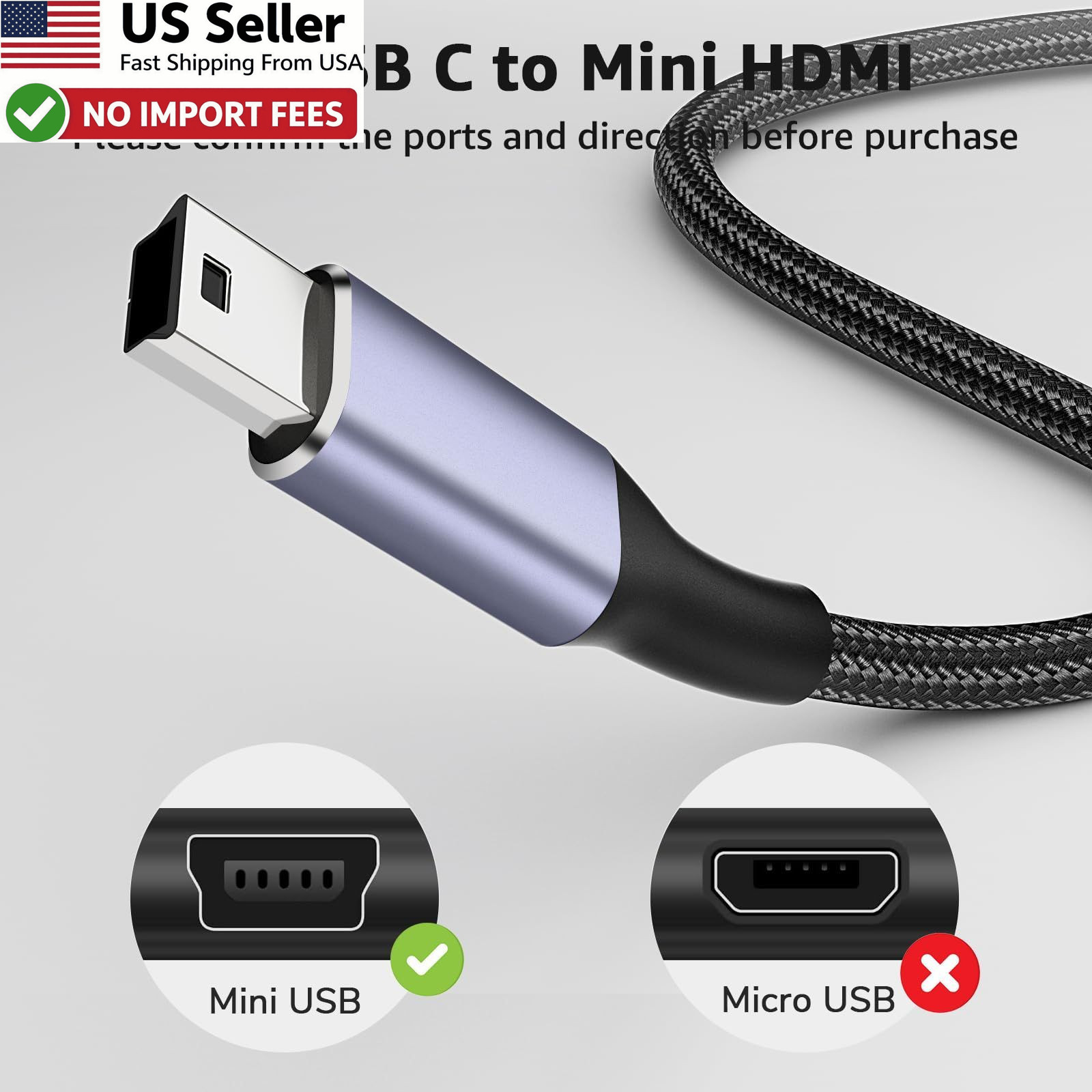 USB C to Mini USB Cable 3FT Braided Type C to Mini B 5 Pin Data Cord FROM USA