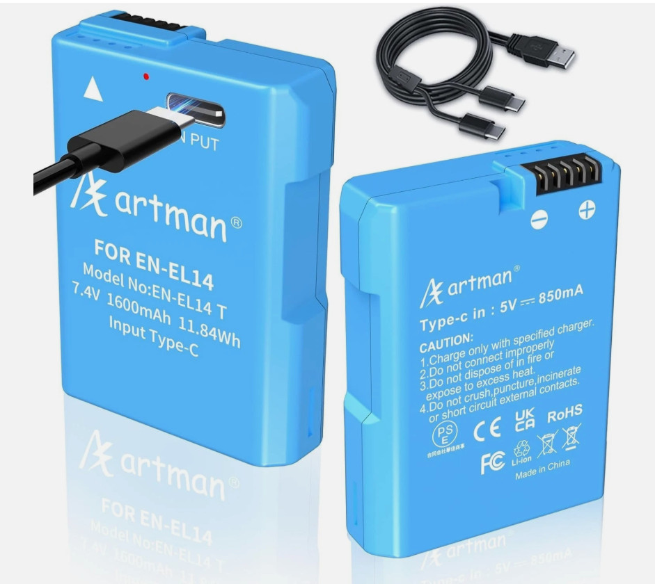 Artman EN-EL14/14a Battery 1600mAh 2-Pack with 2-in-1 Type-C Fast Charging Cable