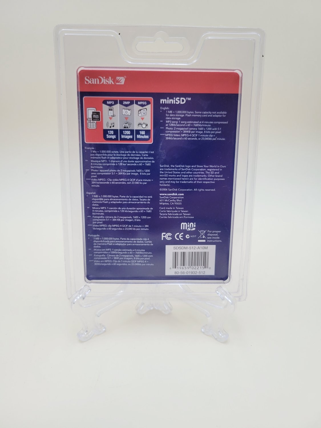 SanDisk 512MB miniSD Memory Card with SD Adapter SDSDM-512-A10M New Sealed 2006