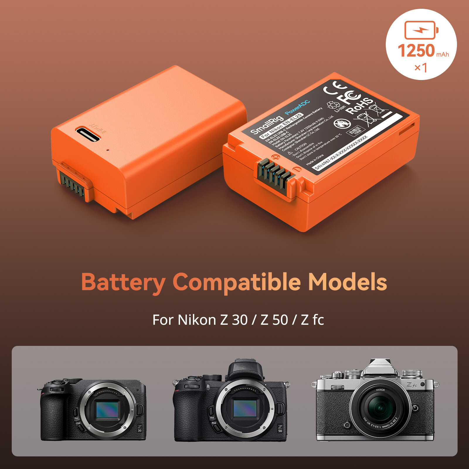 SmallRig 1250mAh USB-C Battery for EN-EL25 for Nikon Z30/Z50/Z fc Camera