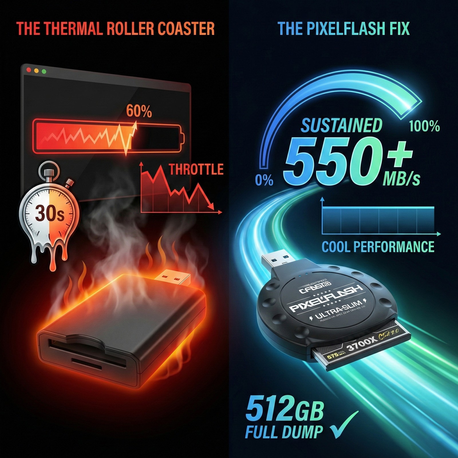 PixelFlash CFast 2.0 Card Reader USB 3.0 No-Bend Pin Design 550MB/s Transfer