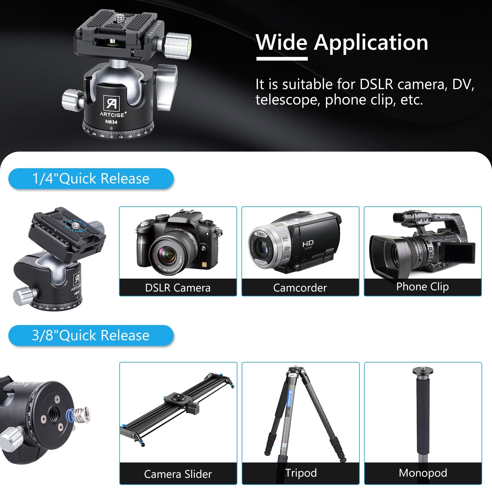 Low Profile Camera Tripod Ball Head, 34mm All Metal CNC Panorama Ball Head