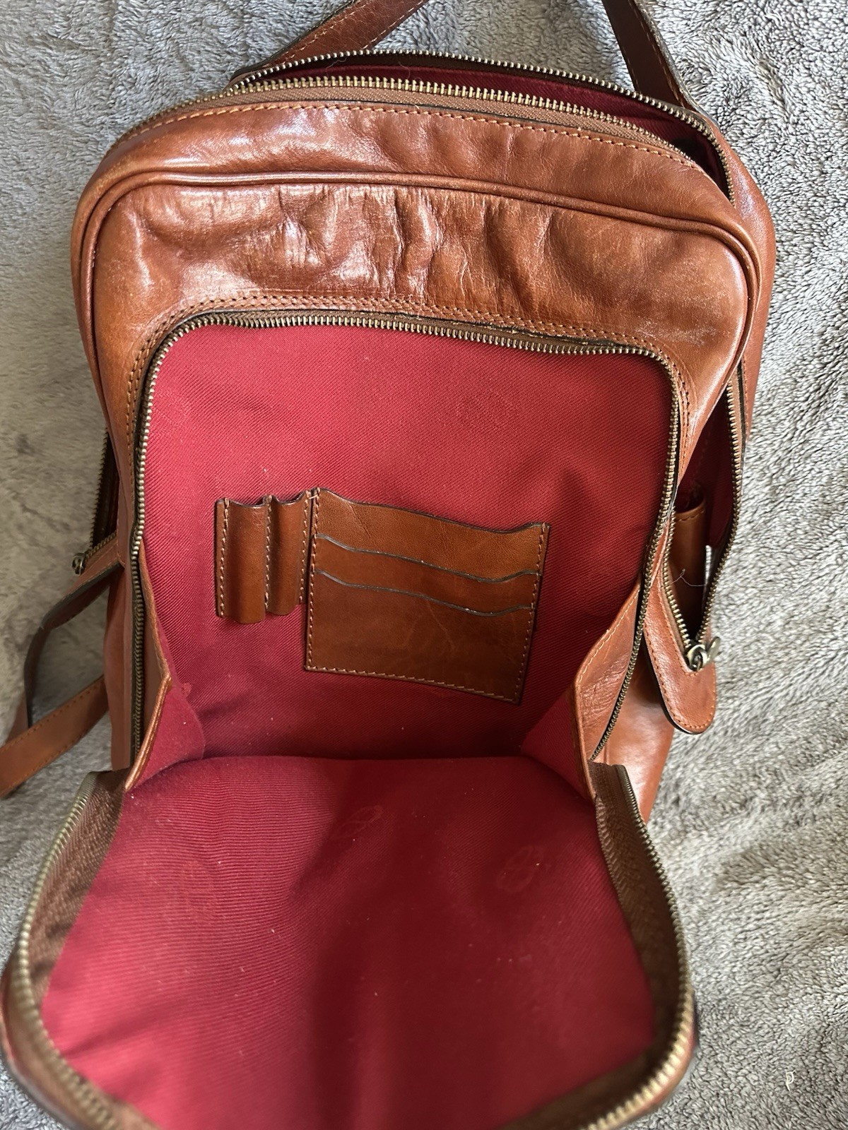 Vintage Time Resistance Unisex Leather Backpack 15×11” Brick Red, Good Condition