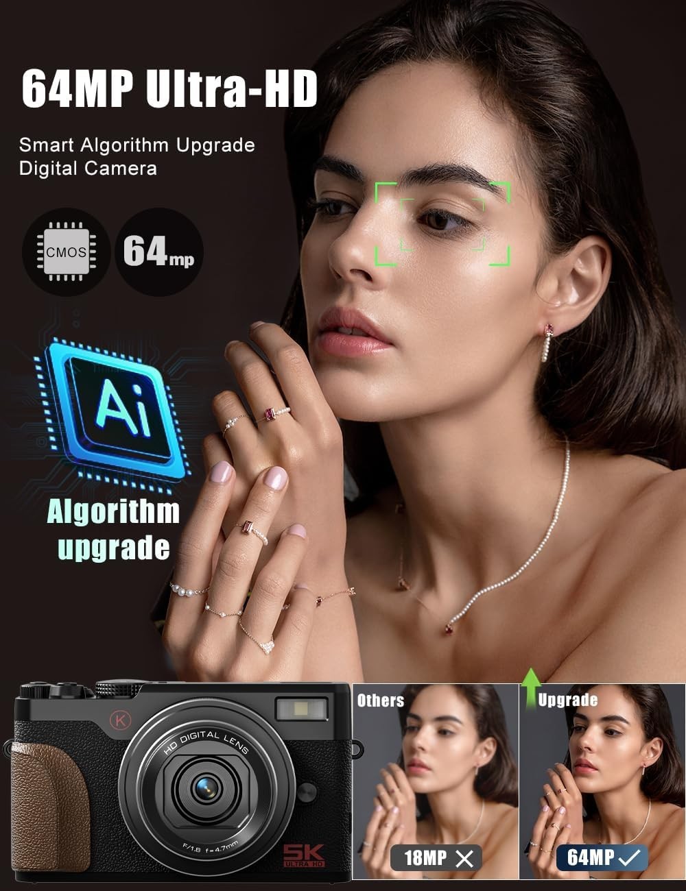 Digital Cameras 4K 16X 48MP 3” Compact Camera 2 Batteries for YouTube Vlogging