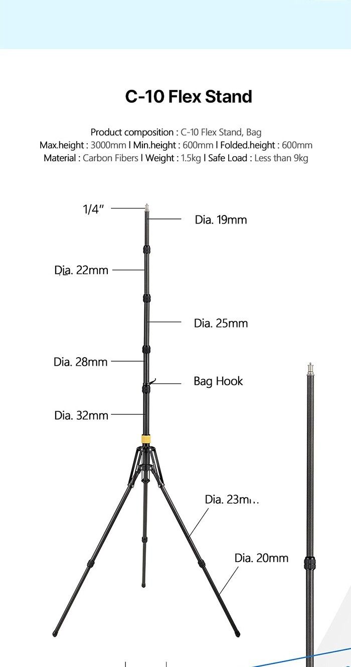 SMDV Carbon Fiber Light Stand C-10/M.300cm Portable Outdoor Travel Camera Tripod