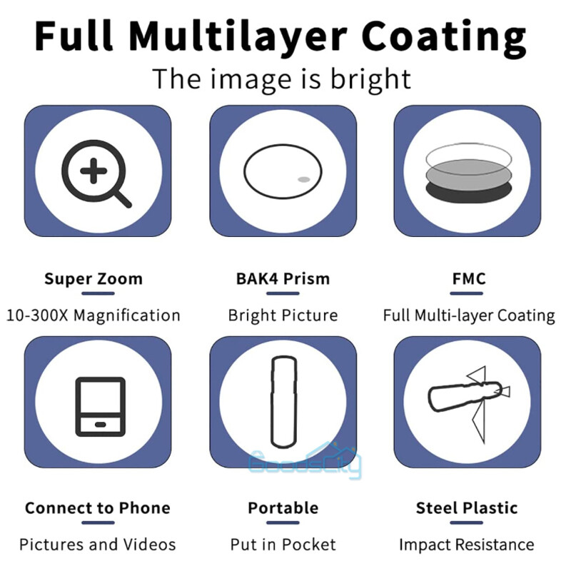4K 10-300X40mm Zoom HD Lens Monocular Telescope + Tripod +Clip for Phone