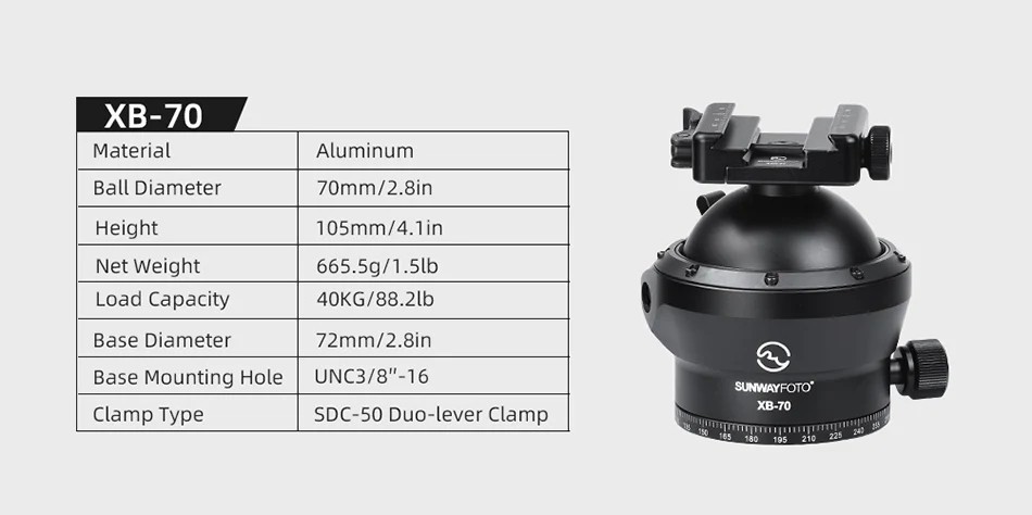 SUNWAYFOTO XB-70 70mm Low Profile Tripod Ball Head Picatinny / Arca Lever Clamp