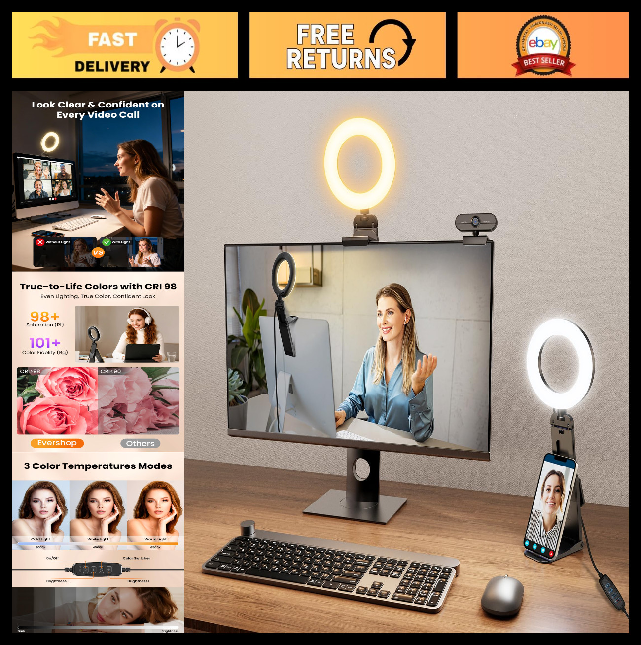 5″ Clip-On Ring Light for Laptop & Desk – Mini LED Video Conference Lighting for