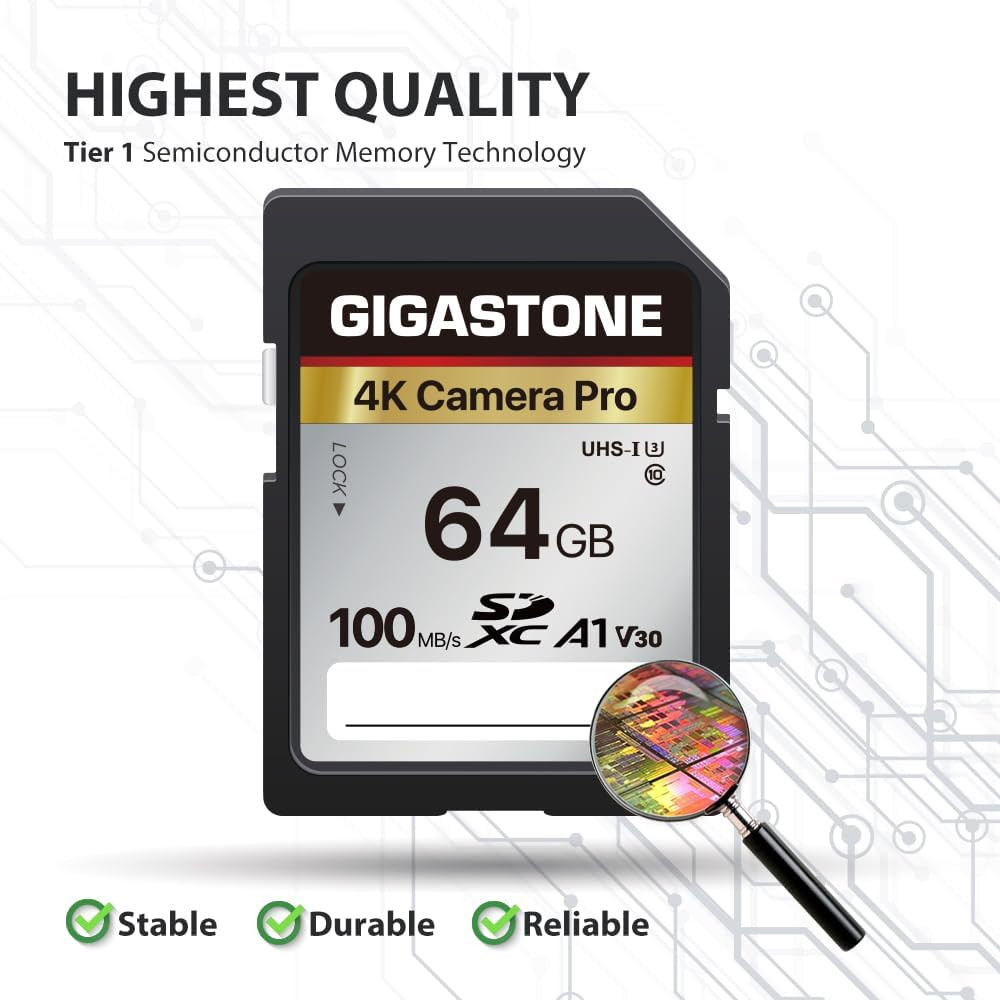 【5-Years Data Recovery】 64GB SD Card, 4K Camera Pro, UHS-I A1 V30 SDXC Memory C