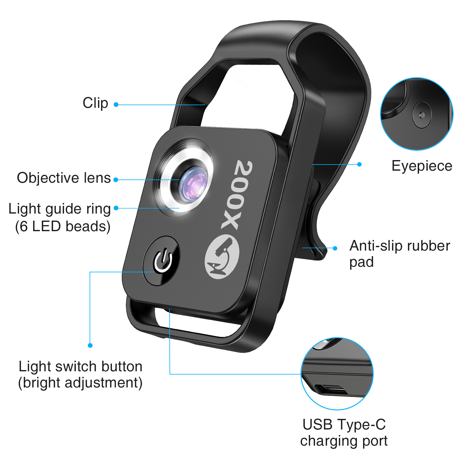 200X Microscope W/ CPL Lens Led Light Micro for iPhone Android Cell Phone School