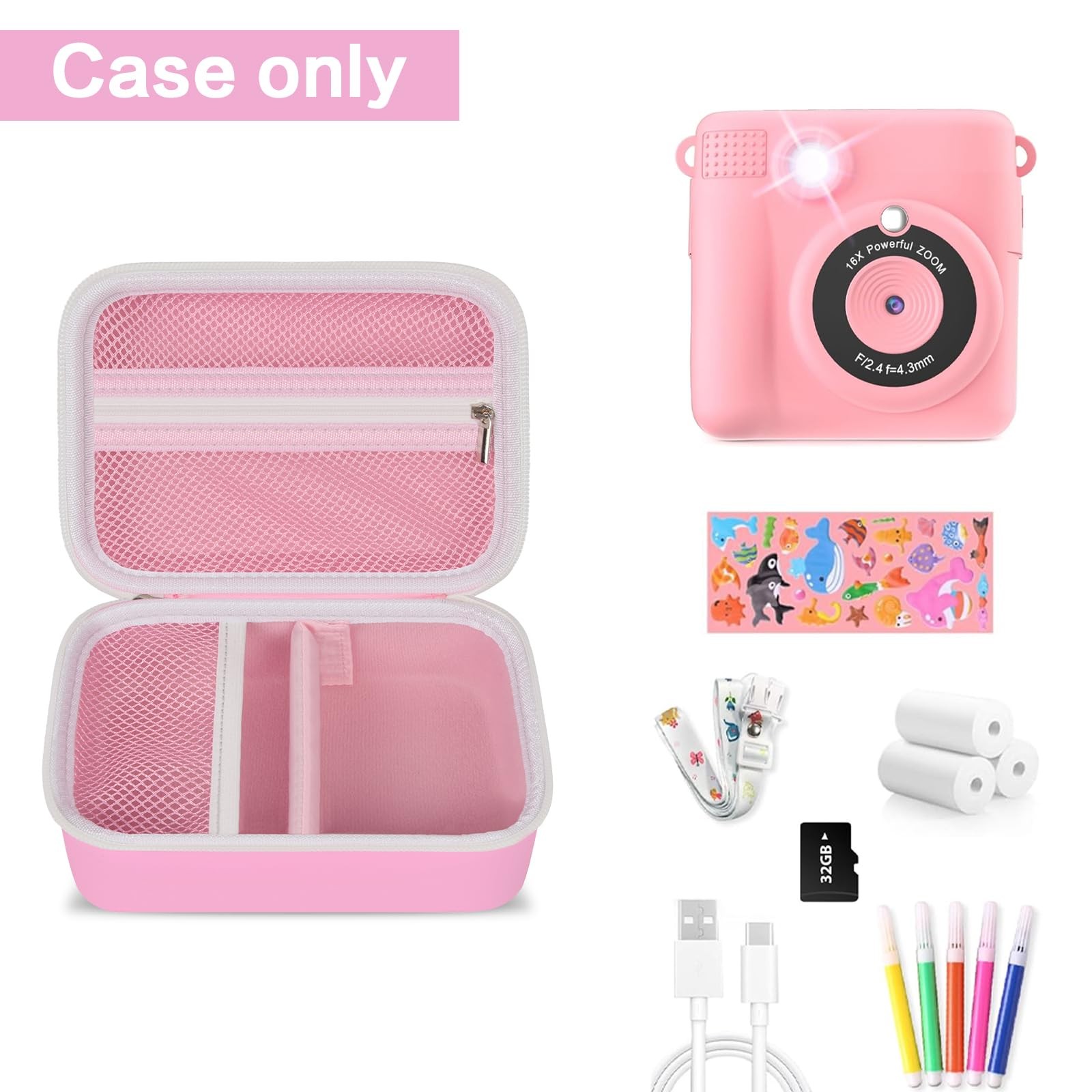 Kids Camera Case Compatible with 6.29 X 4.52 X 1.96 Inches, Lighting pink