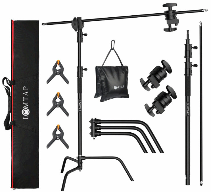 Heavy Duty Stainless C Stand Photography Kit 10.8ft w/Boom Arm, Sandbag & Clips