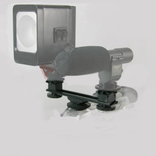 7″Camera Dual Mount Bracket Flash DV LED Light Microphone Hot Cold Shoe Flashgun
