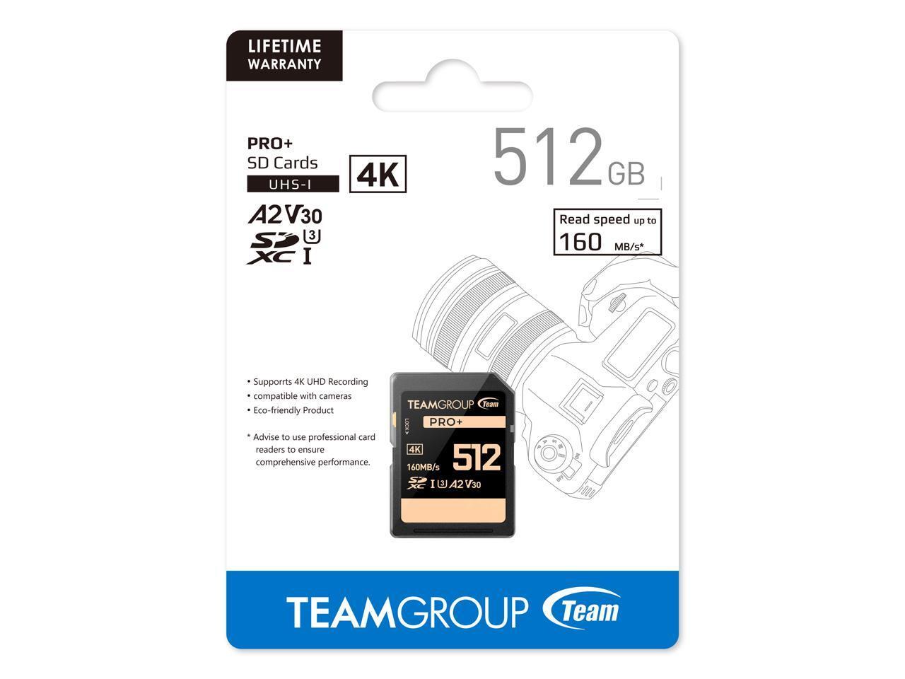 Team Group 512GB PRO+ SDXC U3 V30 A2 4K SD Card, Read/Write Speed Up to 160/90MB