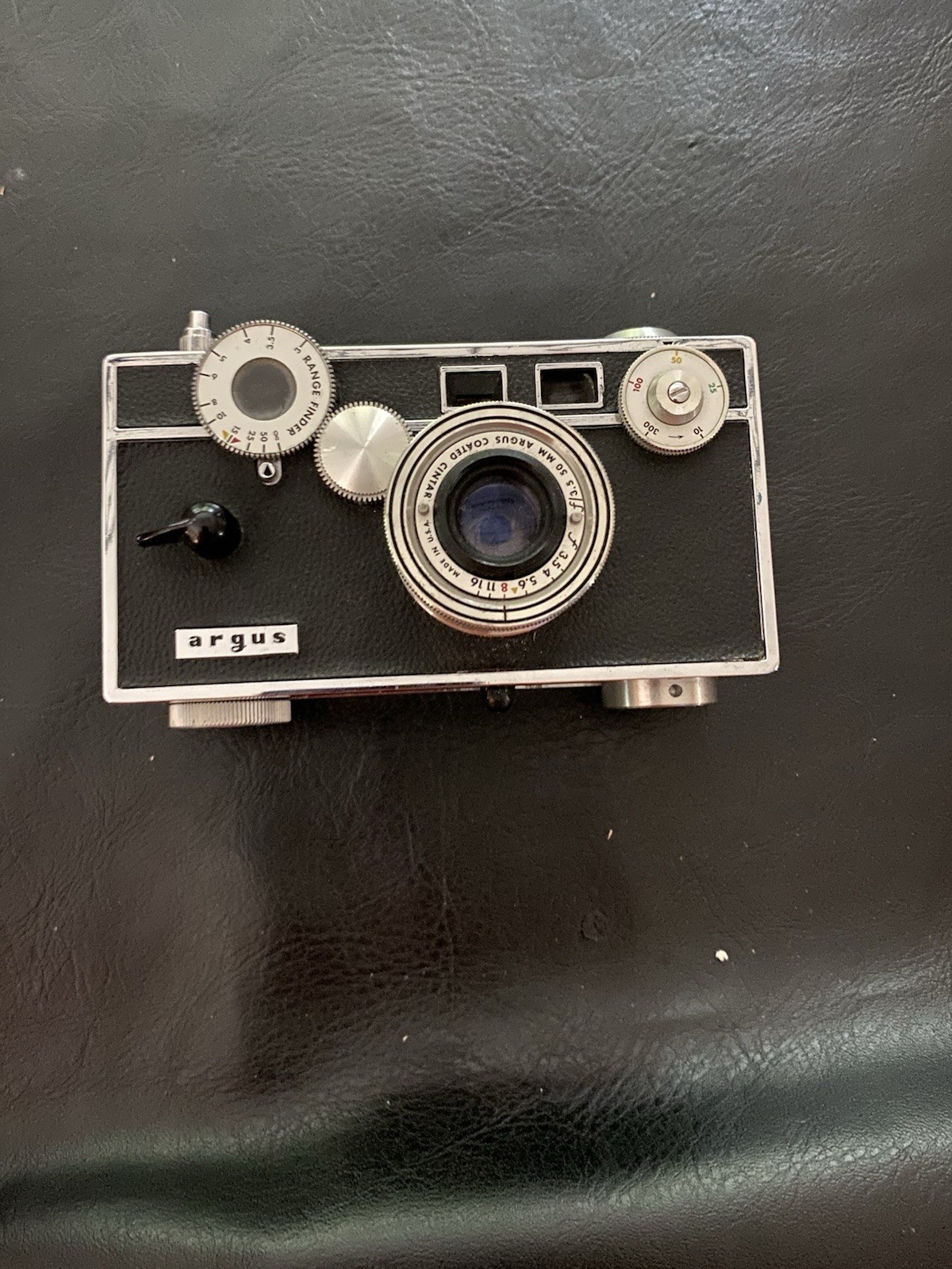 Vintage Argus C-Four 35mm Camera With 50mm f/2.8 Cintar Lens And Leather Case