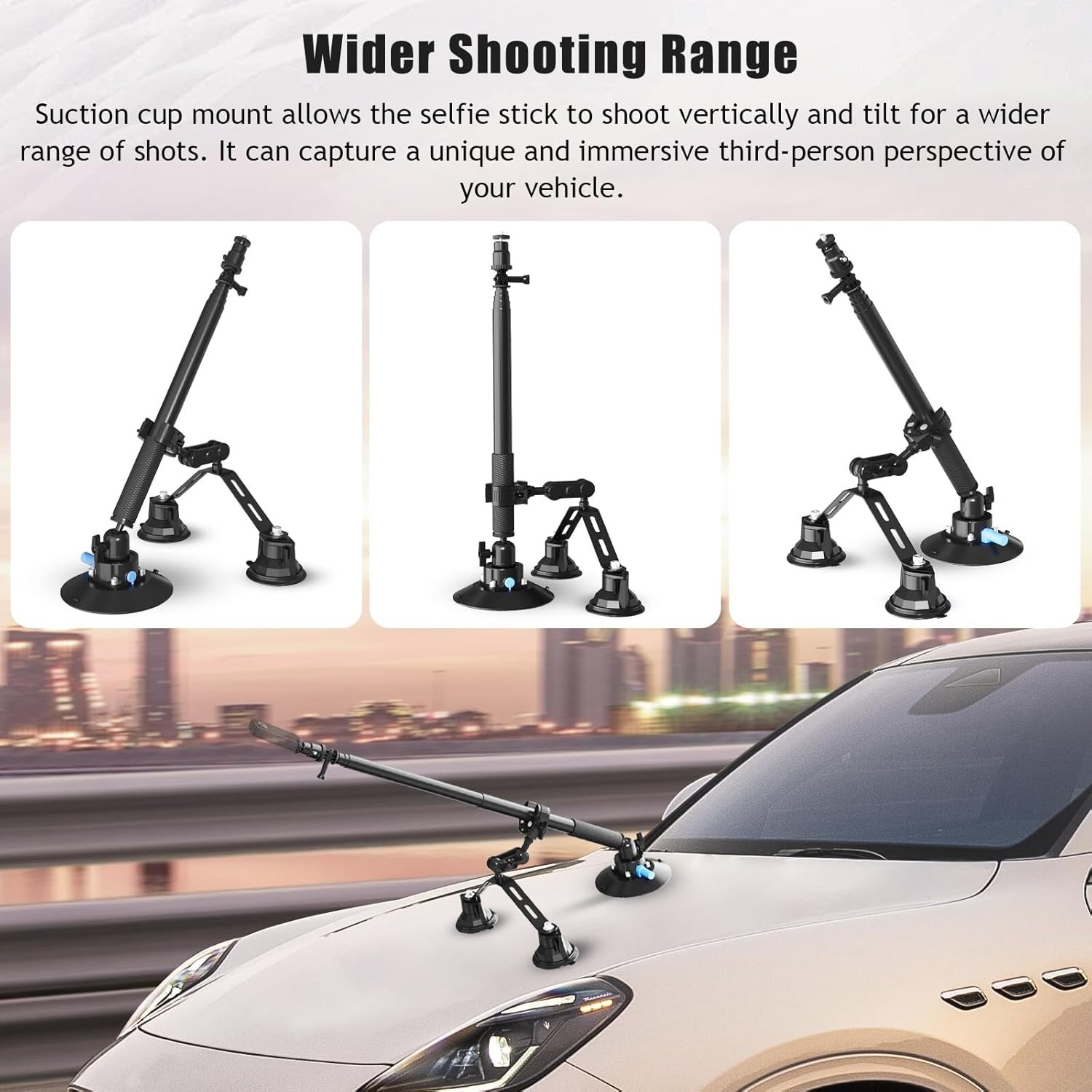 NEW Suction Cup Camera Car Mount Extension Pole Action Camera Adapter Black
