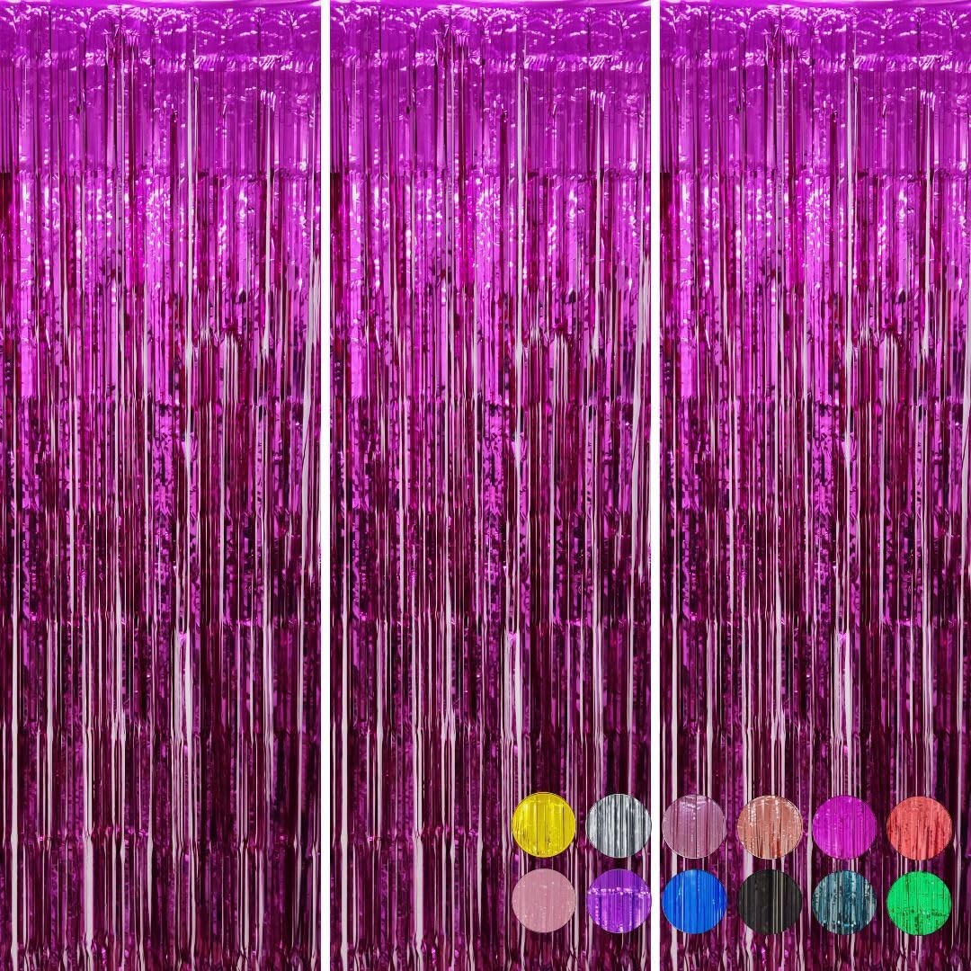 3 PCS 3.6×7.3ft Dark Pink Foil Fringe Curtains Tinsel Backdrop Party Decor