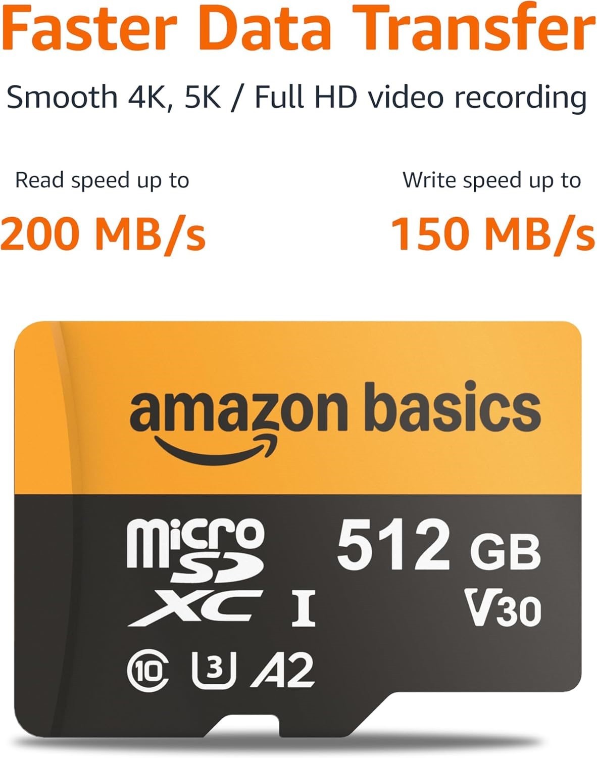 Amazon Basics 512GB microSDXC Card w/Full Size Adapter Speeds Up To 200MB/s