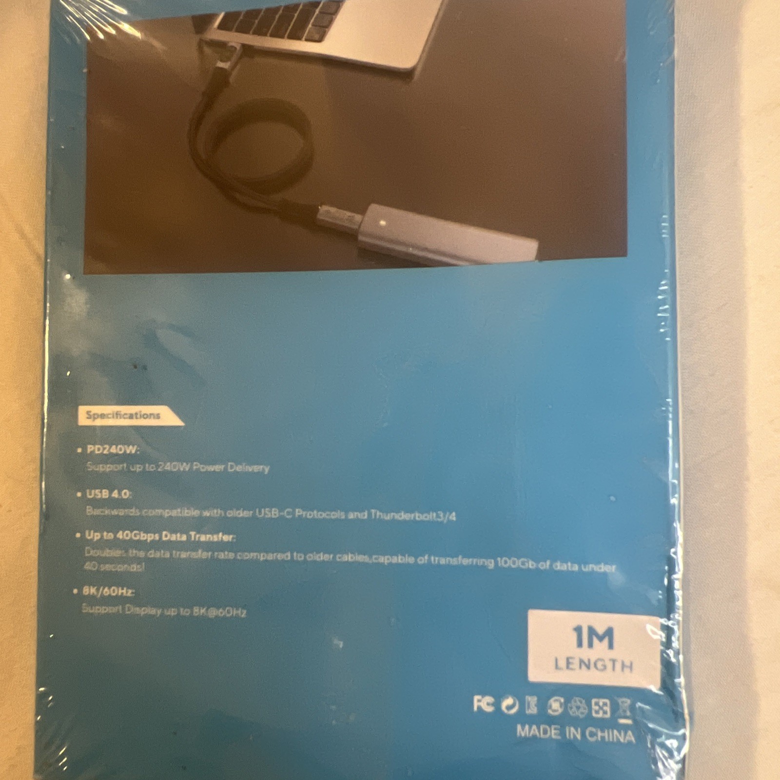 USB4 Cable 1ft USB-C to USB-C Cable 40Gbps Data Transfer 240W 8K@60Hz Display