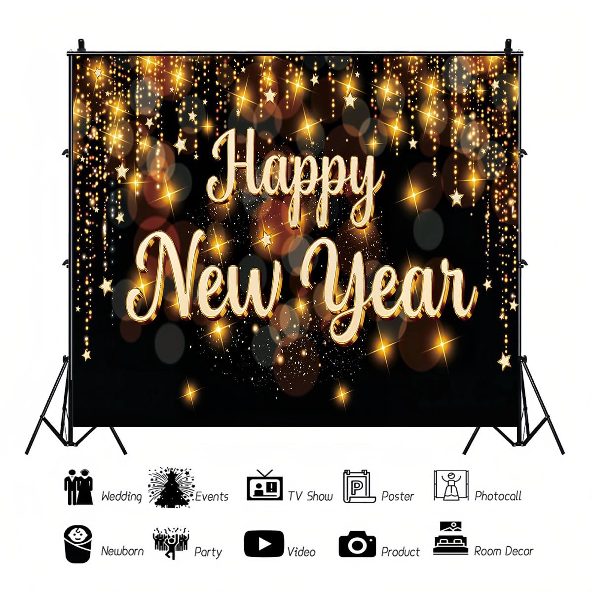 10x8ft Happy New Year Backdrop Gold Glitter Photography Background Party