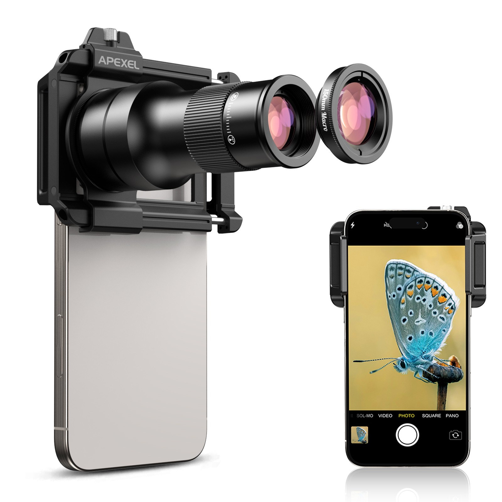 APEXEL 2 in 1 Phone Camera Lens Kit, 6X Telephoto Lens & 150mm Macro Lens