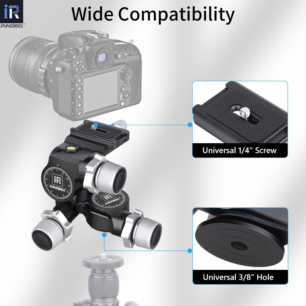 GR5 3-Way Geared Tripod Head with Arca Type QR Plate Millimeter Micro Adjustment