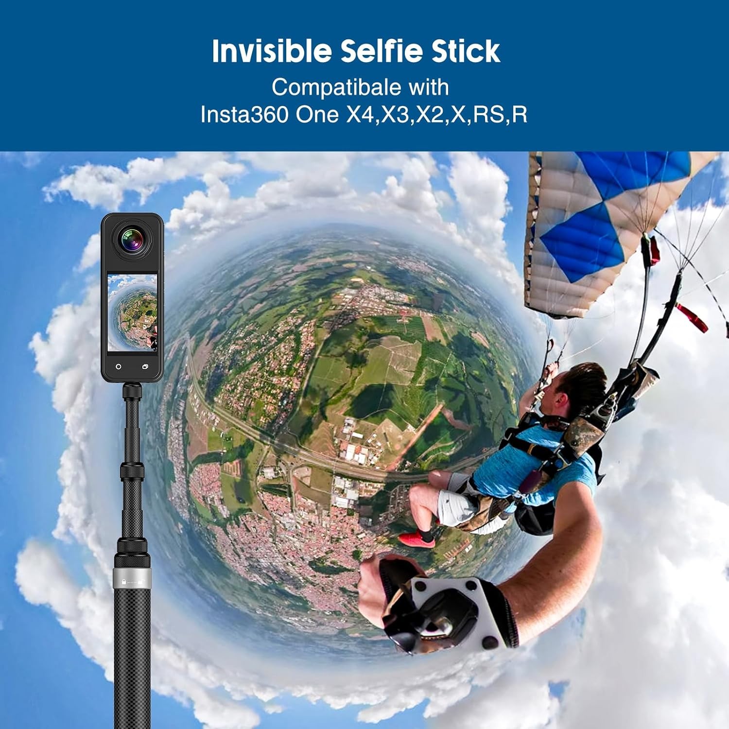 118″/3m Carbon Fiber Invisible Selfie Stick Extended Pole For Insta360 X5/X4/X3