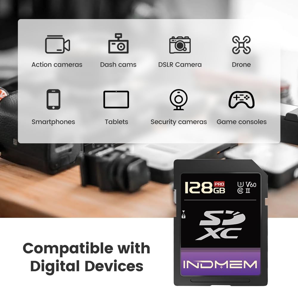 128GB SD Card UHS-II V60 U3 SDXC Memory Card, High Speed Read up to 280MB/s, V60