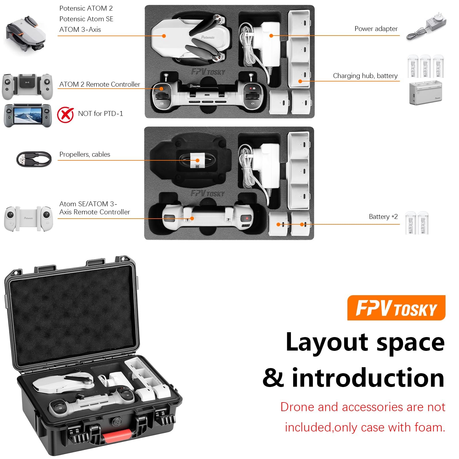 FPVtosky Hard Case for Potensic Atom 2/3-Axis/SE/Atom LT Fly More Combo. Wate…