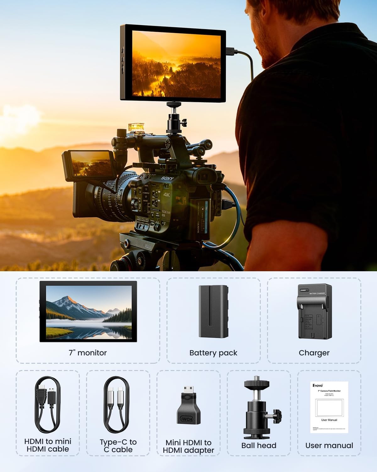 Eyoyo 7″ DSLR Camera Field Monitor HDMI 1280×800 IPS Video Mirroring fr iPhone