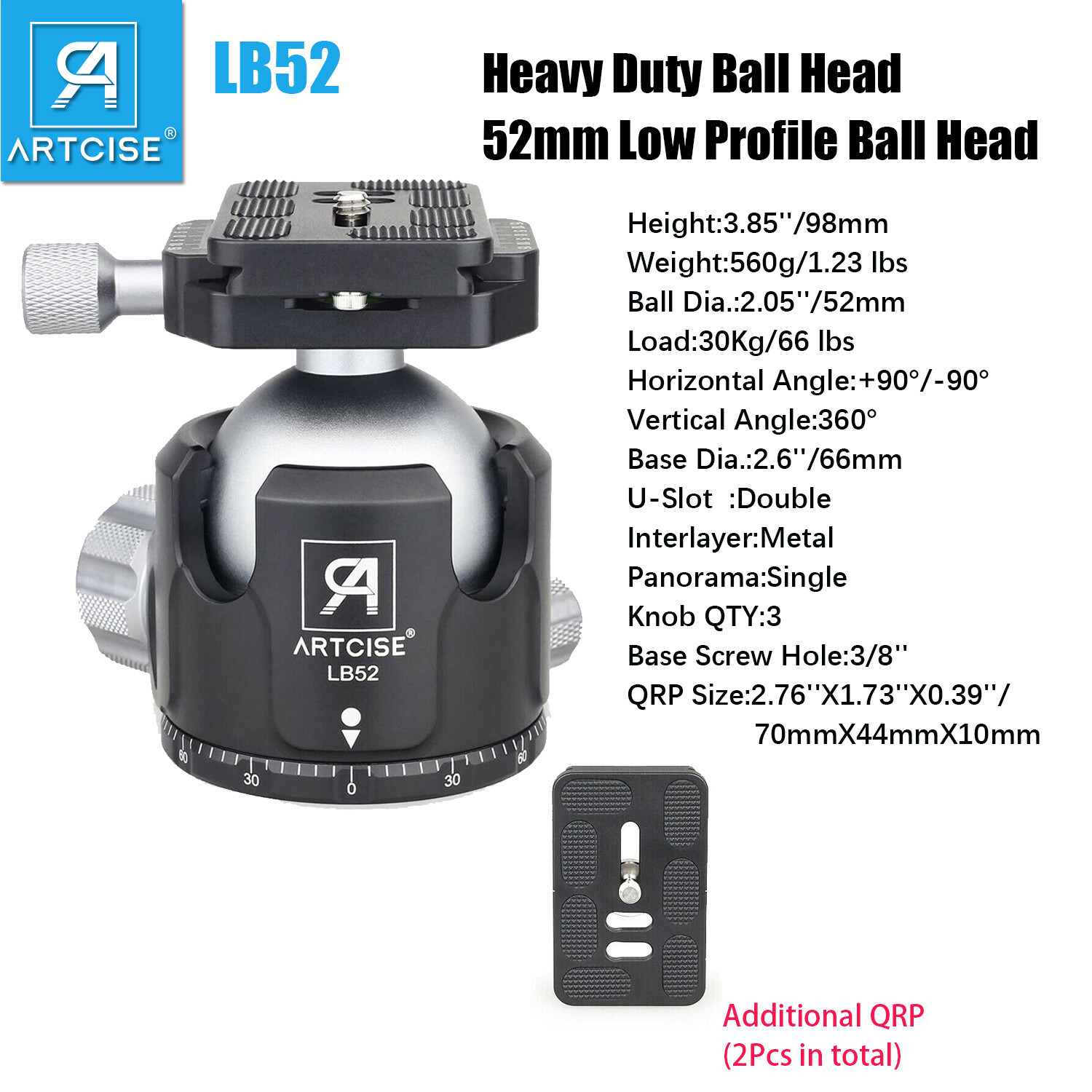 Low Profile Ball Head 52MM All Metal CNC Tripod Head Heavy Duty Ball Head