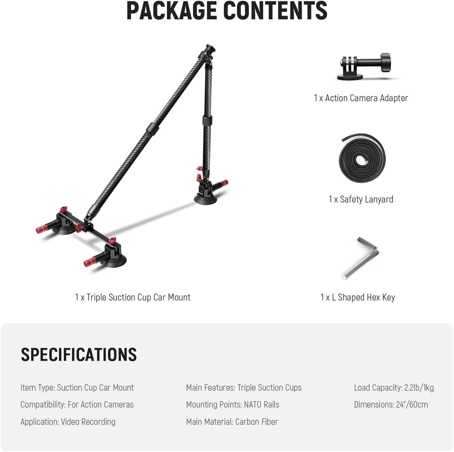 NEEWER Triple Suction Cup Car Mount Kit, Carbon Fiber Camera Mount with Action C